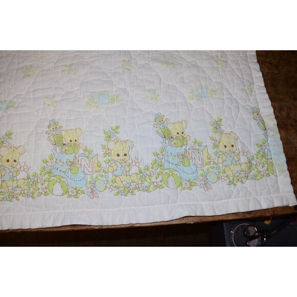 Vtg Baby Blanket Crib Quilted  42x32 Teddy Bears Satin trim Blocks beach balls - Picture 2 of 11